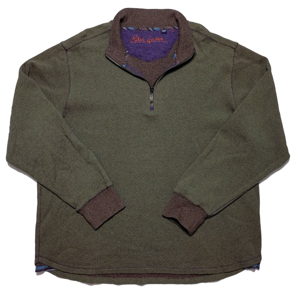 ROBERT GRAHAM 1/4 Zip Pullover Sweater Heavy Cotton‎ Olive Green XXL 2XL